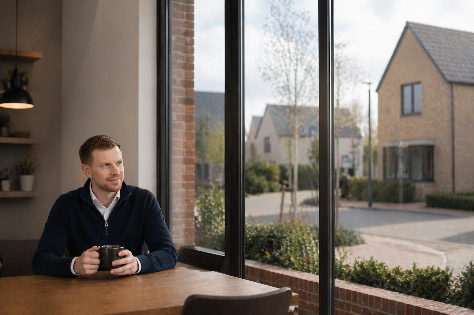Kieran Woolley with a coffee, new-build homes through the window behind him